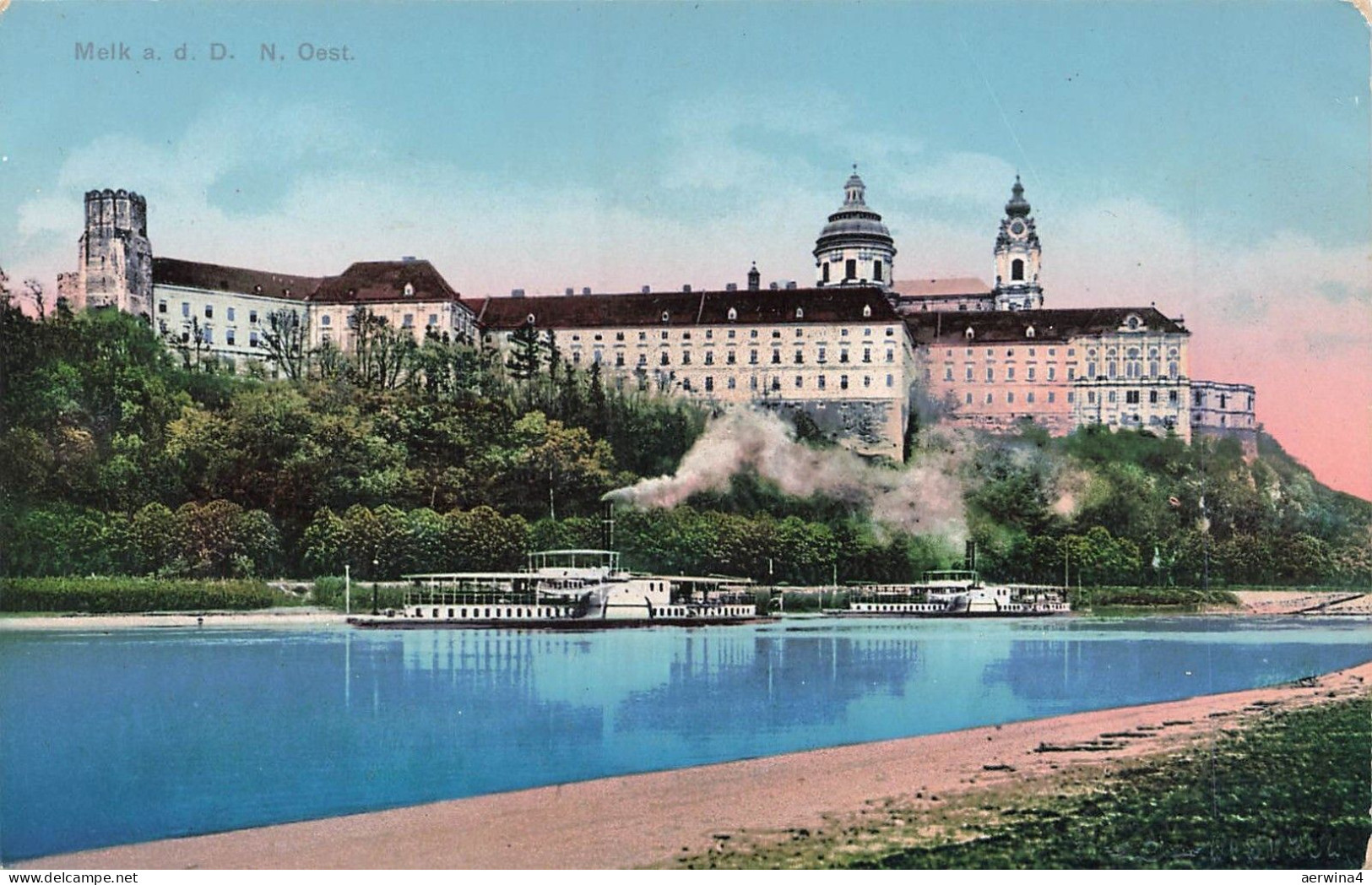 Stift Melk mit Dampfer in Melk an der Donau Österreich Postkarte AK