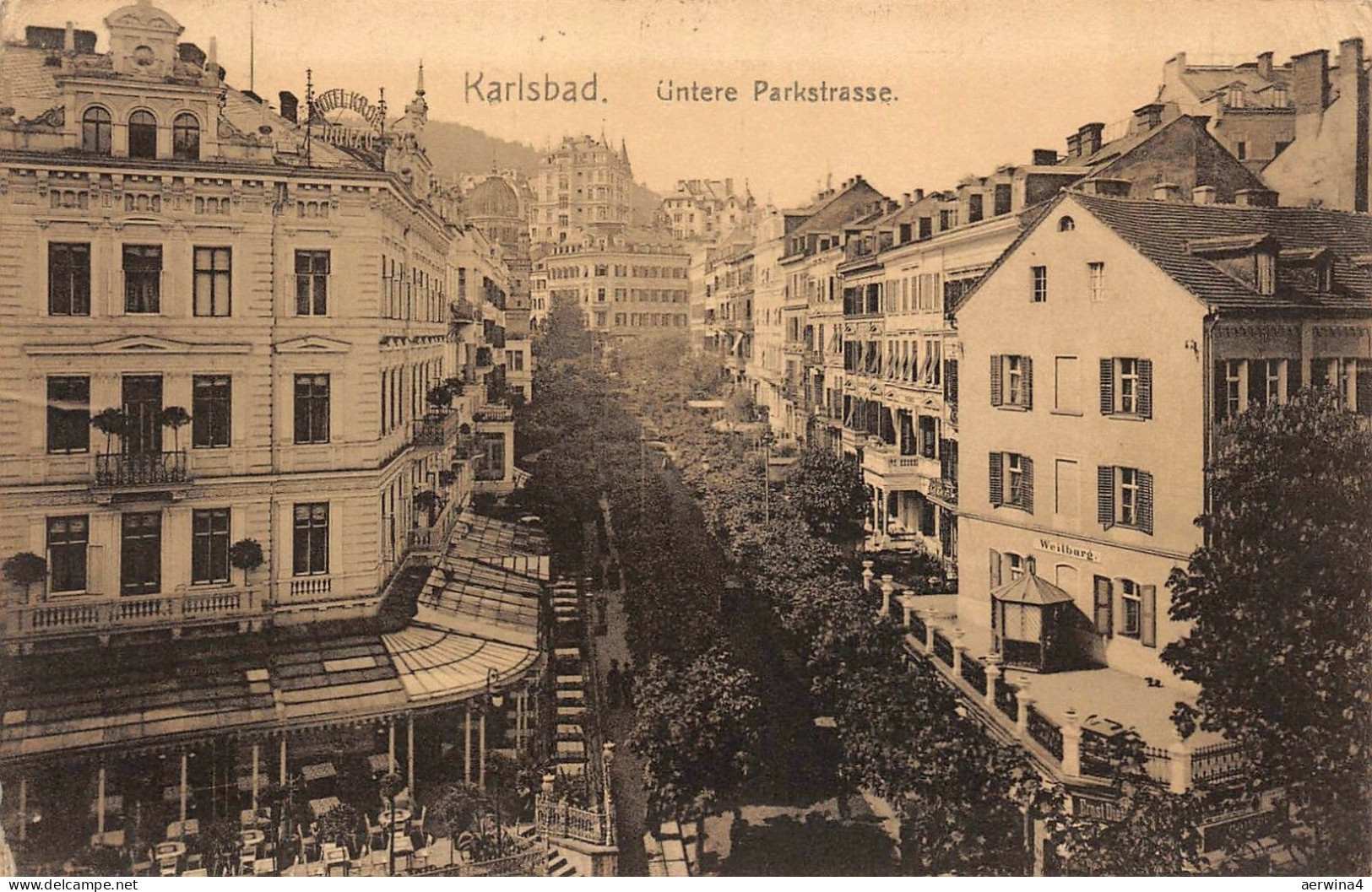 Straßenansicht Untere Parkstraße Karlsbad Böhmen Mähren Postkarte AK 1913