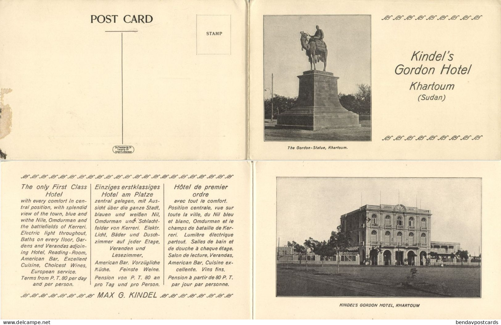 sudan, KHARTOUM, Kindel's Gordon Hotel, Statue (1910s) Double Postcard