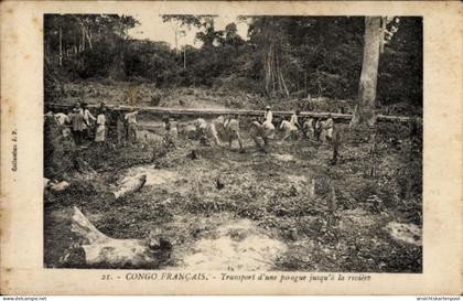 CPA Congo Französisch Kongo, Transport eines Kanus zum Fluss