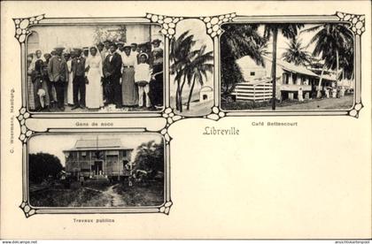 CPA Libreville Gabun, Gens de noce, Café Bettencourt, Travaux publics