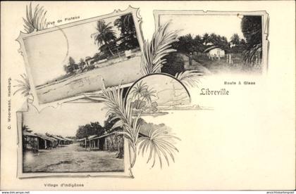 CPA Libreville Gabun, Vue de Plateau, village d'indigenes, Route a Glass