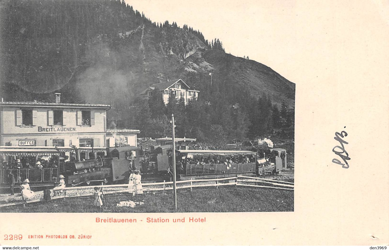 Suisse - BE - BREITLAUENEN par Gsteigwiler - Station und Hotel - Train en Gare - Précurseur voyagé 1902 (2 scans)