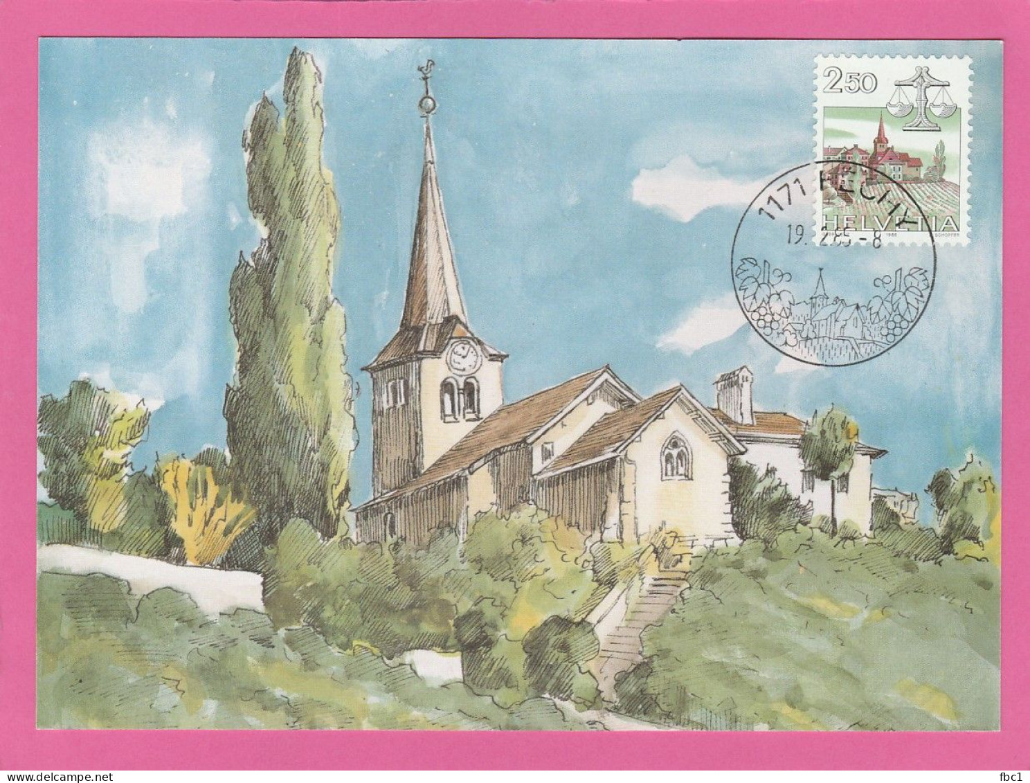 Suisse - Canton de Vaud - Carte maximum Féchy - Eglise (Aquarelle de Gérard Liardon) 1985