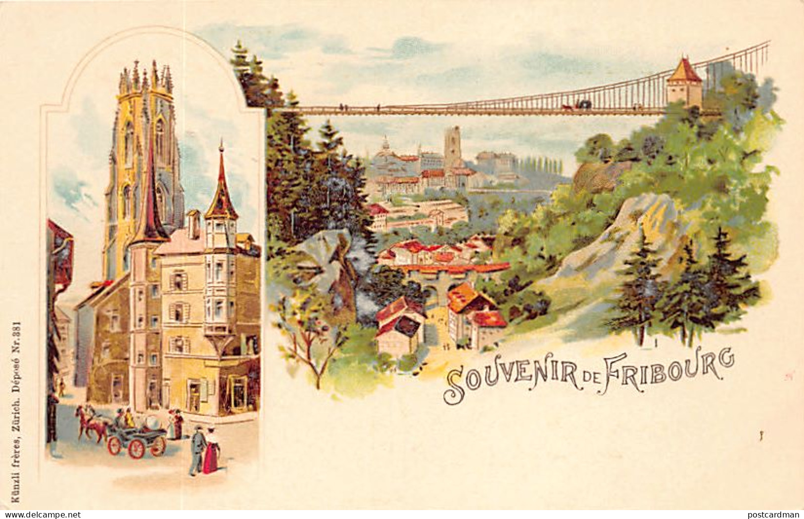 Suisse - FRIBOURG - Litho. Pont - Centre Ville - Vue générale - Ed. Künzli frères 381