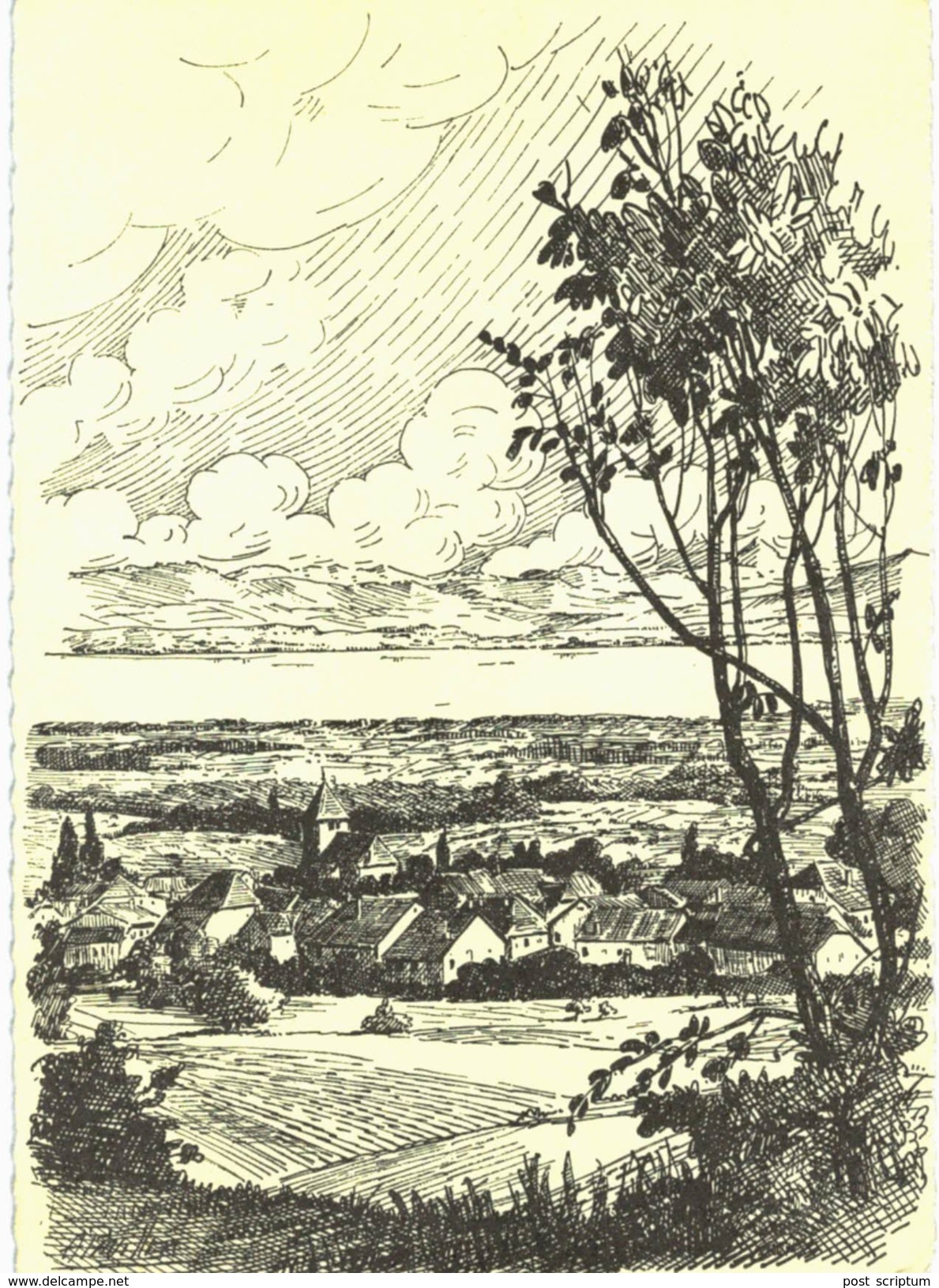 Suisse - Genolier - village et lac - dessin . A Pavillon