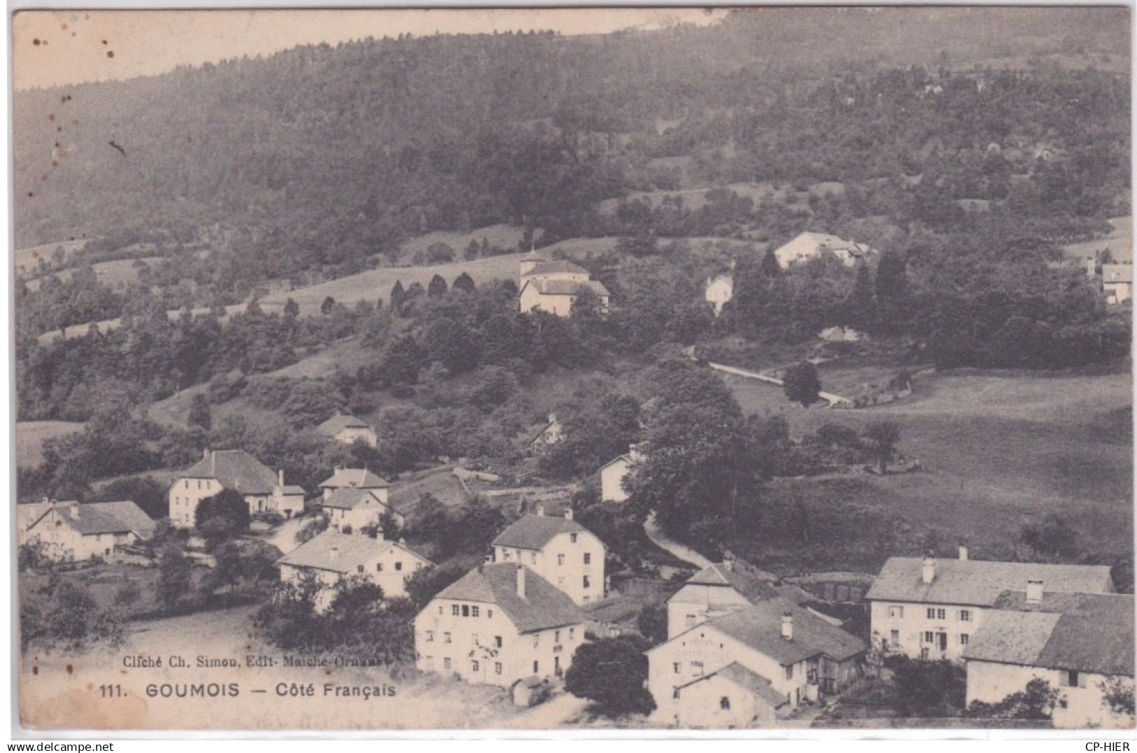 SUISSE - GOUMOIS - VUE VERS LE COTE FRANÇAIS DOUBS 25 + TIMBRE HELVETIA ET CACHET GOUMOIS
