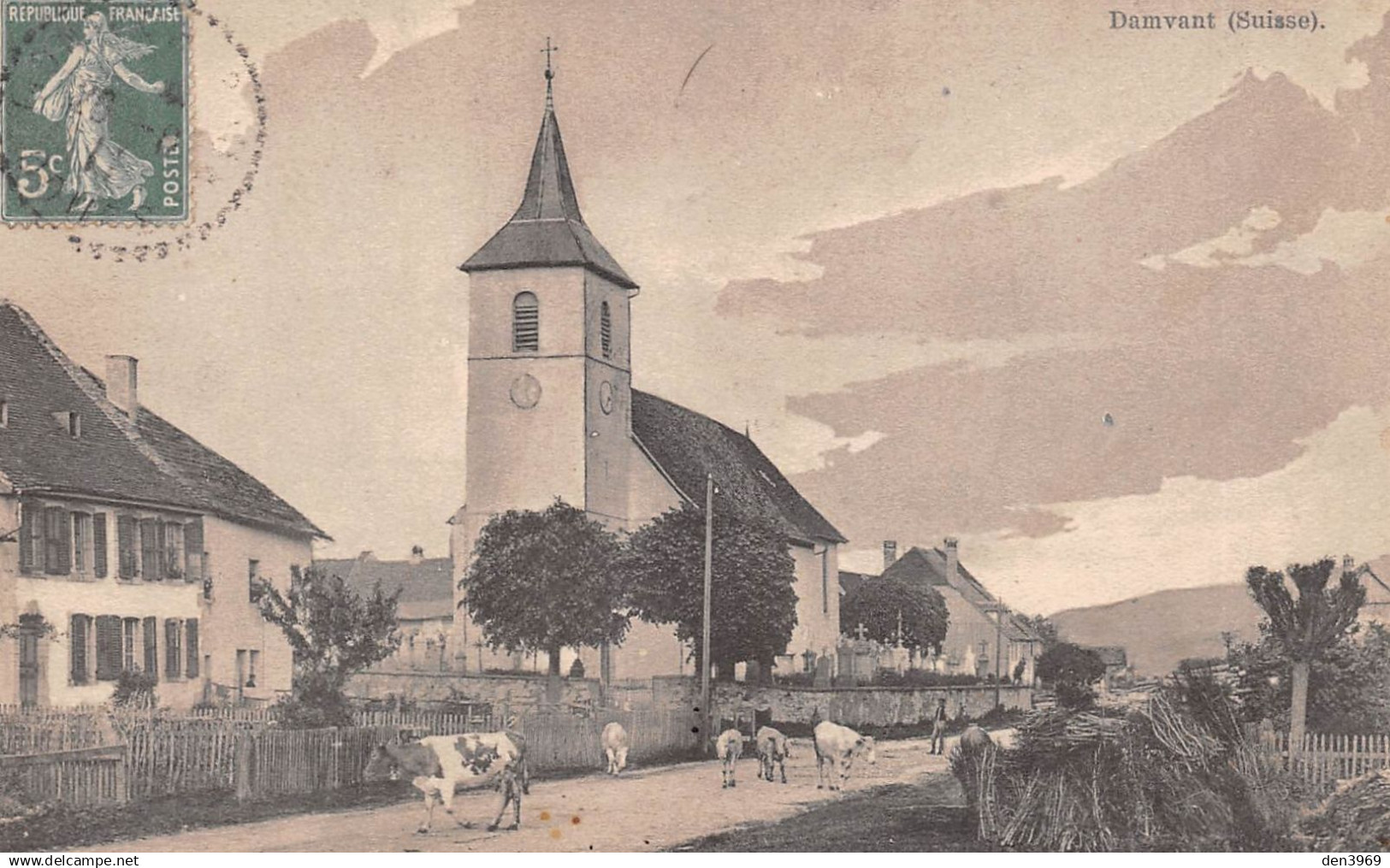Suisse - JU - DAMVANT - Vue intérieure - Vaches, Eglise - Voyagé 1911 (2 scans) Jules Perrin à Etalans