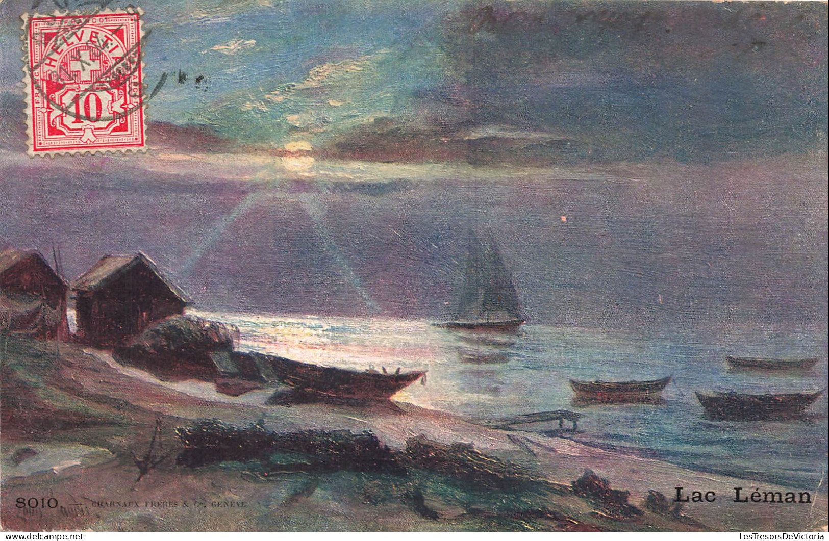 SUISSE - Lac Léman - Peinture - Bateaux - Coucher de soleil - CPA