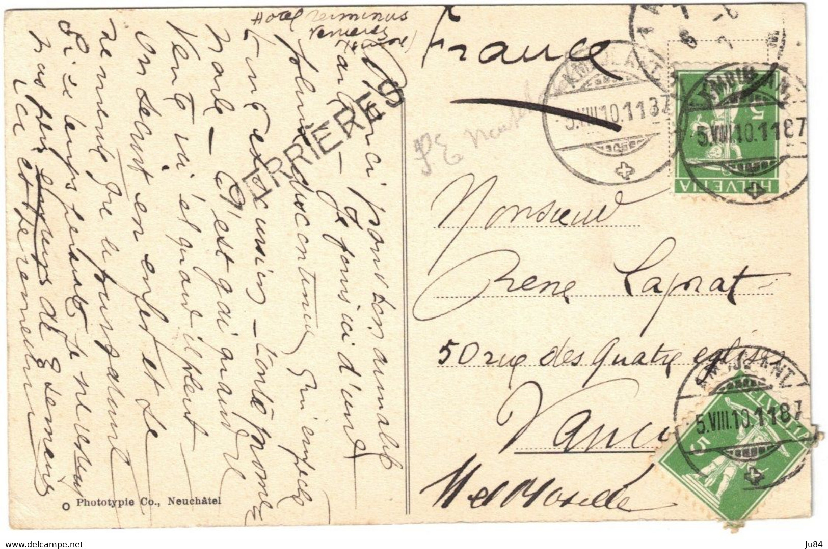 Suisse - Neuchâtel - Les Verrières - Vue générale - Ambulant - Griffe Verrières - Carte postale pour la France - 1910