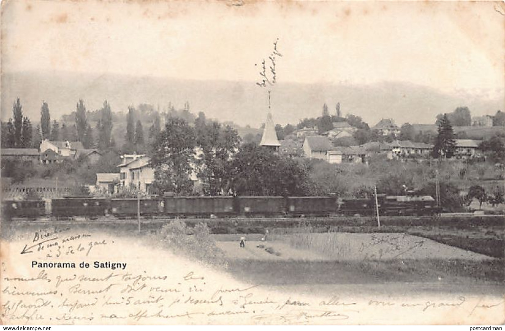 Suisse - Satigny (GE) Panorama - Train - Eglise Vatholique - Ed. E.C. Satigny