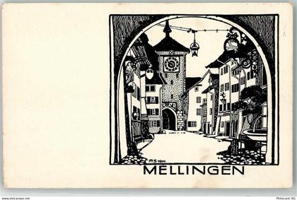 5507 Mellingen Künstlerkarte Turm Tor Uhr Brunnen sign. MS 1914 - 13938061