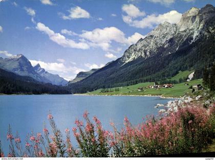 CPM Sufers Gr mit Stausee an der San Bernardinostrasse mit Guffernull Einshorn und Kalkberge
