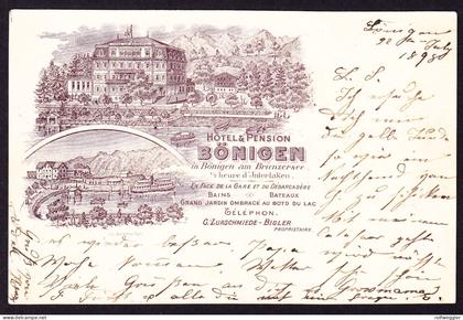 1898 mit Bahnpost gelaufene Werbe-Hotel Karte. Hotel und Pension Bönigen. Blauer Kastenstempel BÖNIGEN