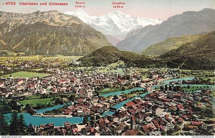 [-5%] SUISSE - Interlaken - Unterseen - Vue panoramique - Lac Thoune - Lac de Brienz - Village - Montagnes - Carte posta