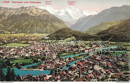 SUISSE - Interlaken - Unterseen - Vue panoramique - Lac Thoune - Lac de Brienz - Village - Montagnes - Carte postale