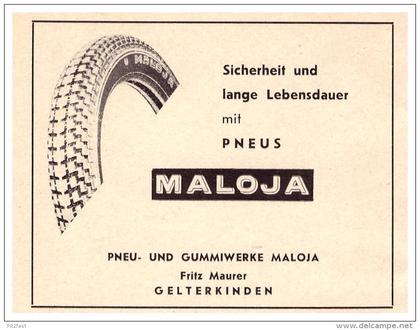 Werbung / Reklame - Pneu- und Gummiwerk in Gelterkinden 1961 , Fritz Maurer , Maloja - Reifen , Anzeige !!!