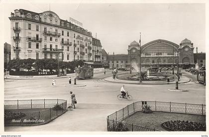Suisse Bale Basel bahnhof platz bahnhofplatz CPA + timbre cachet 1934 tram tramway