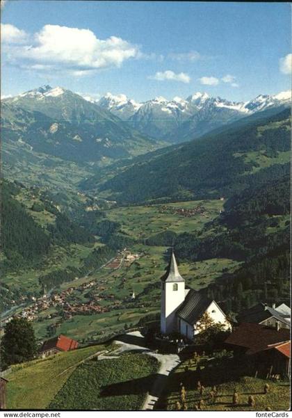 Furna Kirche Panorama mit Jenaz Fideris Silvrettagruppe