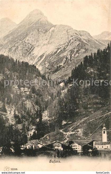 Sufers Ortsansicht mit Kirche Alpenpanorama