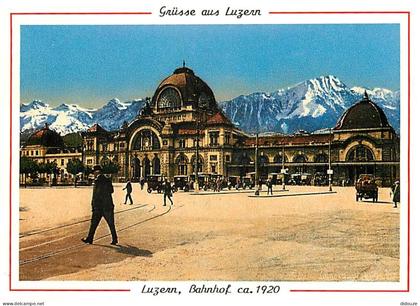 Carte Postale - Suisse - LU Lucerne - Luzern - Bahnhof ca 1920 - Reproduktion einer alten Postkarte - Automobiles - D'ap