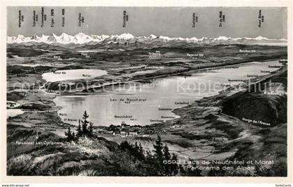 Neuchatel NE Lac de Neuchatel et Morat Panorama des Alpes Kuenstlerkarte