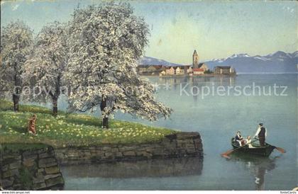 Sevelen Werdenberg Uferpartie am See Baumbluete Boot Alpenblick
