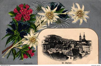 St. Gallen, Prägekarte mit Blumen / Edelweiß, 1910