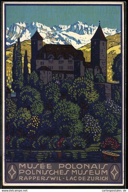 Steindruck-AK Rapperswil /Lac de Zurich, Polnisches Museum, Burg mit Gebirge