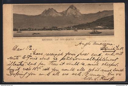 Vorläufer-Lithographie Brunnen /Lac des Quatre-Cantons, 1891, Vue panoramique
