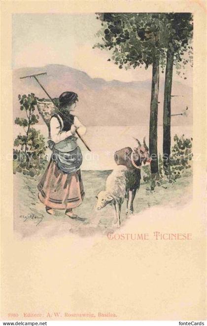 Ticino Tessin (Region) TI Costume-Ticinese Tracht Frau Ziege Schaf Korb Rechen S