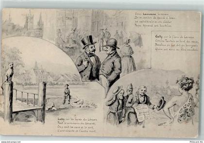 1000 Lausanne Losanna Künstlerkarte Steg Katze Frau Männer Tracht Hut - 10587628