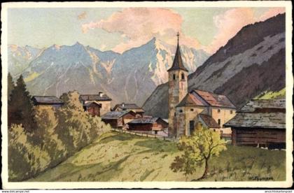 Artiste CPA Inden Kanton Wallis Schweiz, Teilansicht mit Kirche