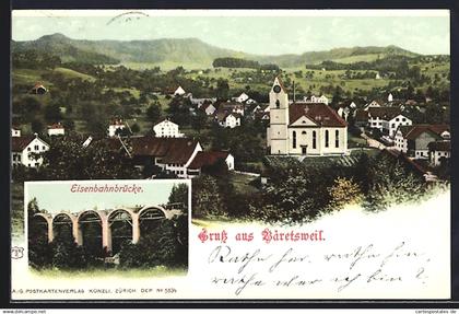 AK Bäretswil, Ortsansicht mit der Kirche und Ortspartie an der Eisenbahnbrücke
