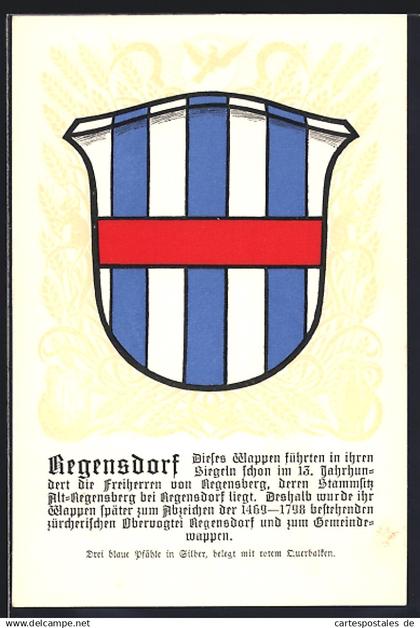 AK Regensdorf, Wappen auf Ähren-Ornamenten, Sicheln, Info-Text