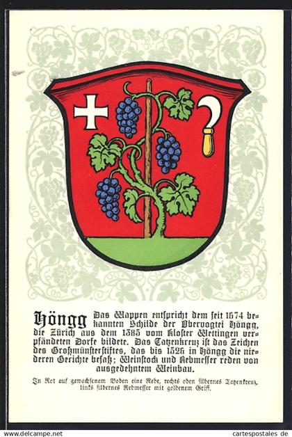 Künstler-AK Höngg, Wappen mit Rebe, Tatzenkreuz und Rebmesser