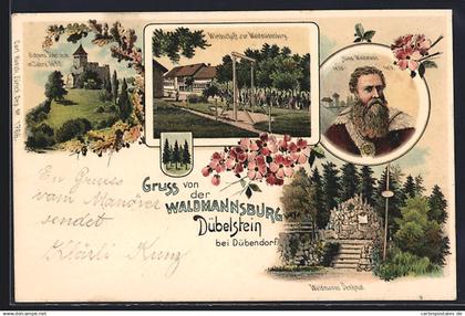 Lithographie Dübendorf, Schloss Dübelstein, Waldmannsdenkmal, Gasthaus zur Waldmannsburg