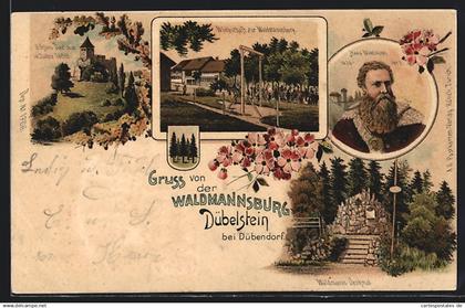 Lithographie Dübendorf, Wirtschaft zur Waldmannsburg Dübelstein, Portrait von Hans Waldmann