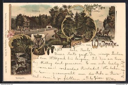Lithographie Langnau am Albis, Gruss vom Wildpark, Forsthaus