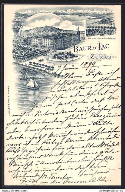 Lithographie Zurich, Baur au Lac, Vue prise du Jardin de l`Hôtel