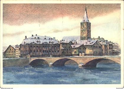 Zuerich St. Peterskirche mit Meise Helmhausbruecke Kuenstlerkarte Aquarell Hugo