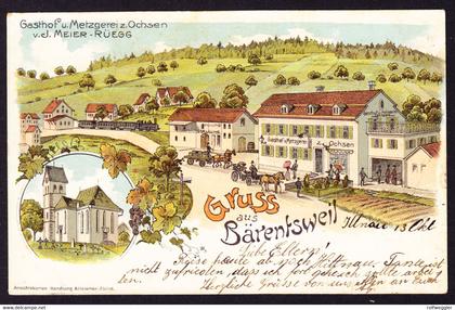 1902 gelaufene Litho Karte: Gruss aus Bärentsweil Bäretswil. Gasthof und Metzgerei zum Ochsen mit Eisenbahn.