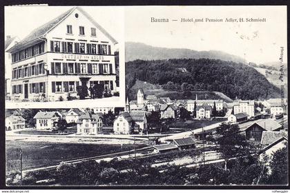 1917 gelaufene AK aus Bauma nach Bäretswil mit Hotel Adler. Bahnhof Gelände. Leichte Bugspur.