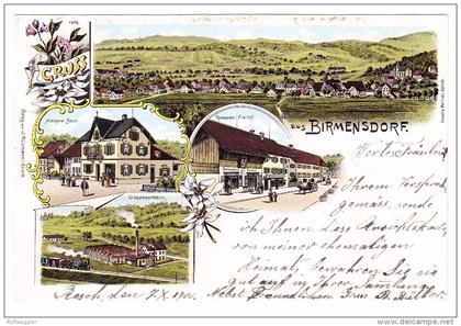 AK ZH Birmensdorf Gruss aus Litho J. Rütimann-Bosch ges.8.10.1900 mit Äsch Birmenstorf 2 Zeil. Langstempel