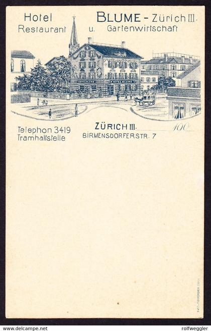 um 1900 Hotel Reklame AK: Hotel mit Gartenwirtschaft, Blume. Zürich Birmensdorferstrasse. ungelaufen