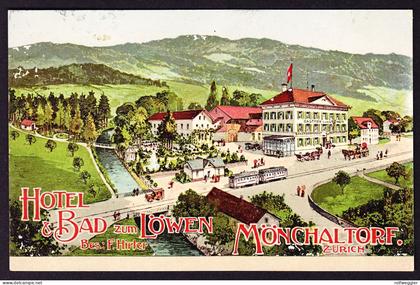 1915 gelaufene Kunst AK: Hotel und Bad zum Löwen in Mönchaltorf