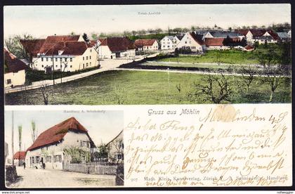 1904 GRUSS AUS MÖHLIN. Gelaufene AK. Leichter Bug in der Mitte und Fleck.