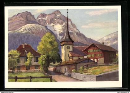 Künstler-AK Gsteig bei Gstaad, Kirche, Bergpanorama