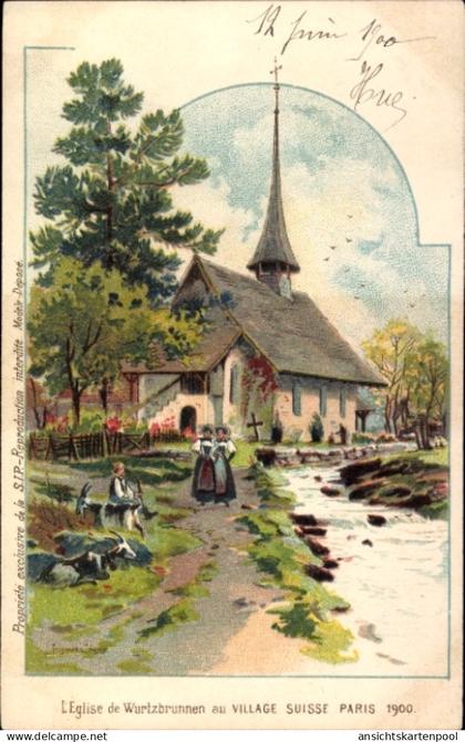 Artiste Lithographie Röthenbach im Emmental Kt. Bern, L'Église de Wurtzbrunnen, Würzbrunnen, Paris 1900
