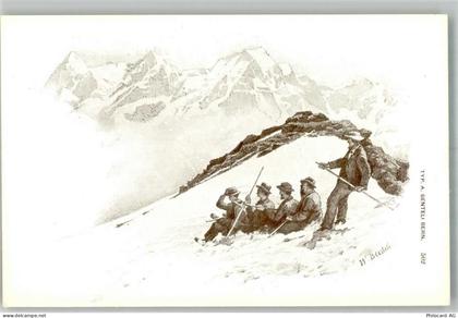 Schilthorn Mürren Künstlerkarte sign. Benteli, A. Männer im Schnee Ort h... - 10741579